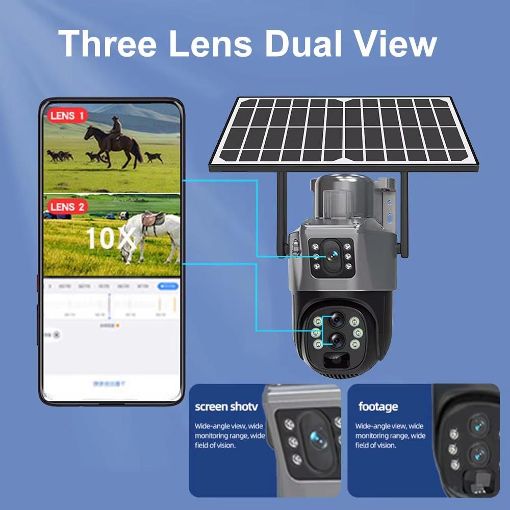 LS VISION 12MP 6K Solárna batériová kamera Vonkajšia 10x Zoom Trojitý objektív PTZ WiFi Dohľadová kamera Bezpečnostná ochrana 4K 8MP Chytrá CCTV kamera