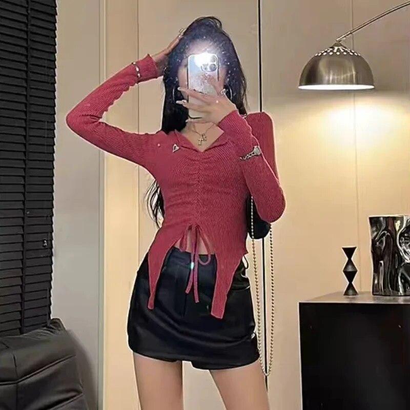 2KWEIRD Hotsweet T-shirts Women Crop Y2k Tops Irregular American Streetwear Designer Bandage Gothic Harajuku Long Sleeve T-shirts