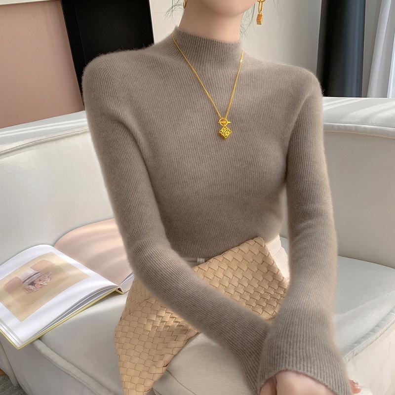 Women's Cashmere Wool Slim-Fit Knit Top - Half-High Neck, Seamless, Autumn/Winter Versatile Sweater