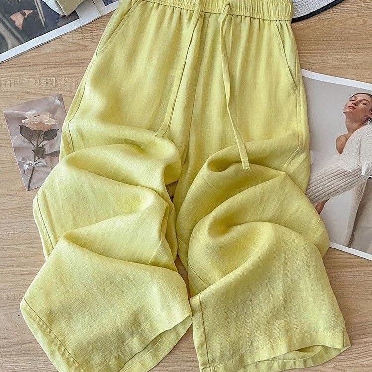 Women Linen Wide Leg Pants Summer High Waist Relaxed Fit Casual Trousers Loose Floor Length