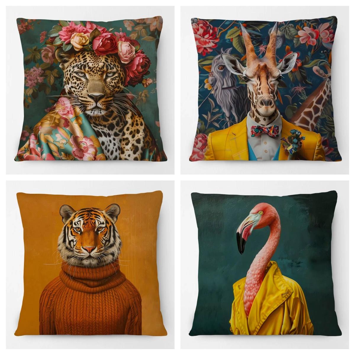 Shunika Chen Unisex Elegant Giraffe Flamingo Female Leopard Animals Portrait Pillow Cover Room Decor Cushion Cover Sofa Pillowcases Decoration