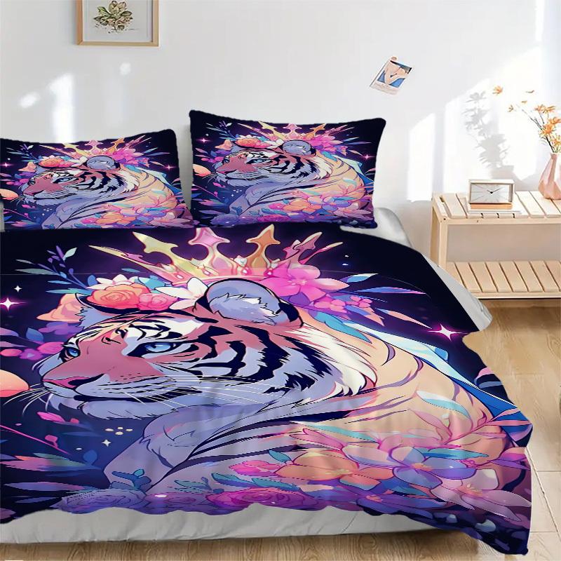 3pcs Tiger Crown Duvet Cover Set, Cover For Bedroom Guest Room (1 Duvet Cover + 2 Pillowcase, Without Quilt),  Yy250922183