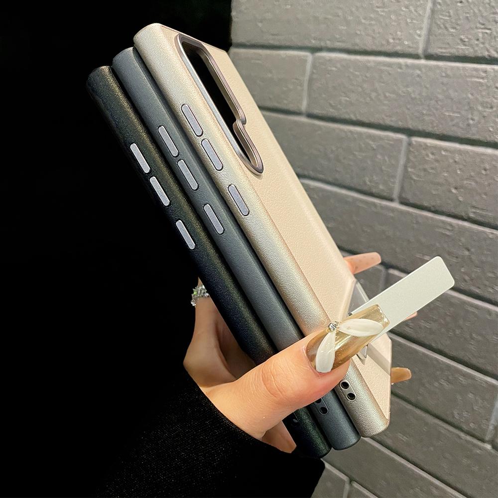 Natural Titanium Metal Holder Leather Phone Case for Samsung Galaxy S24 S23 S22 Ultra Plus Metal Button Shockproof Hard Cover