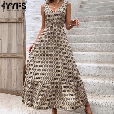 אופנת נשים קיץ אביב הדפס מעוין ללא שרוולים עם צווארון V גבוה מותן שמלות קז'ואל