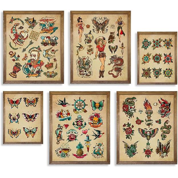 Tattoo Shop Wall Decoration - Old School Tattoo Pictures - Vintage Tattoo Poster Picture Set - Gift for Tattooist - Tattoo Flash Wall Art & Decor -