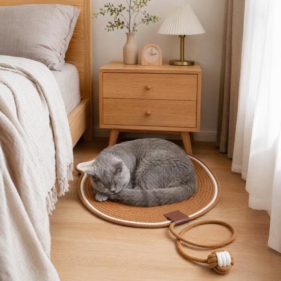 Cat Scratching Pad, Woven Cotton Rope Cat Scratcher with Bait Ball And Cute Ear Design, Indoor Cat Scratcher Mat for Furniture
