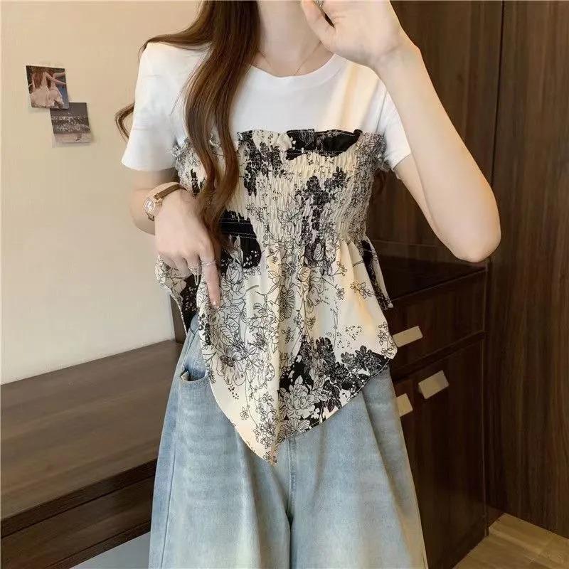 Irregular Fake Two-piece Printed Short-sleeved T-shirt for Women in Summer Plus Size Slimming Design Sexy Street Shirt Top