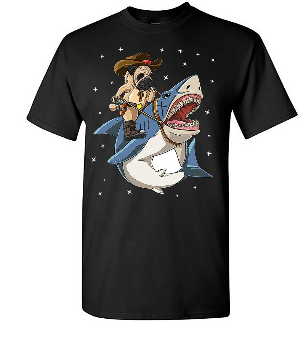 Cowboy Pug Riding Shark Funny Cute Dog Lover Pet Black T-Shirt Size S-5XL S