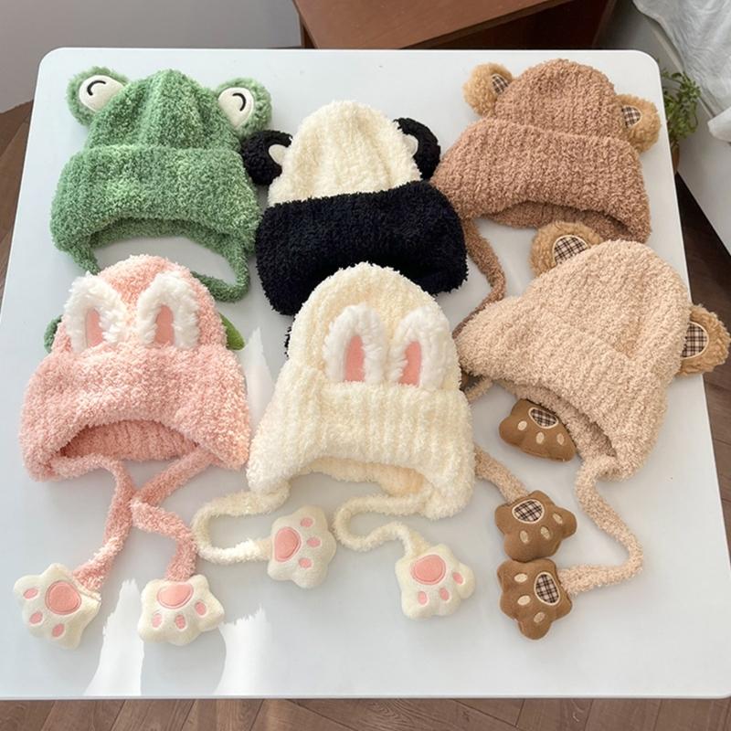 Autumn Winter Warm Hat with Earflap and Chin Strap Ties Cute Cartoon Beanie Cap Soft Bonnet Warm Headwear for Kids