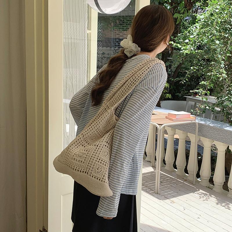 Simple Crochet Tote Bags Fashion Hollow Knitted Women's Bags Casual Female Shoulder Bags Ladies Shopping Top-Handle Bags Handbag