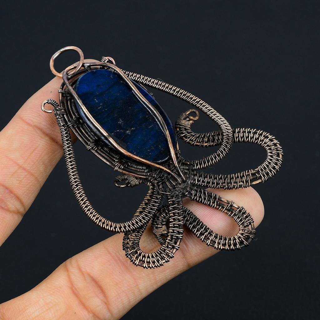 Natural Octopus Blue Labradorite Gemstone Copper Wire Wrap Pendant 3.35" f7C95