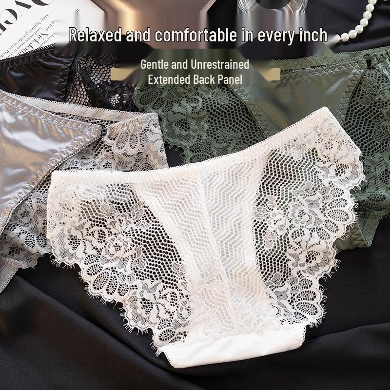 2025 Women's Low-Waist Lace Satin Panties with Cotton Crotch