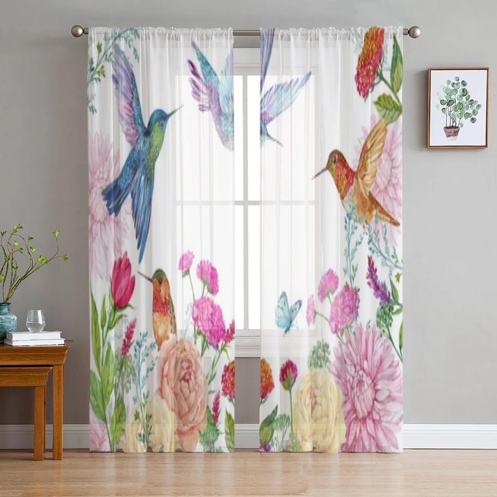 Floral Watercolor Wildflowers In Vintage Style Tulle Curtains for Living Room Bedroom Chiffon Sheer Voile Kitchen Curtain