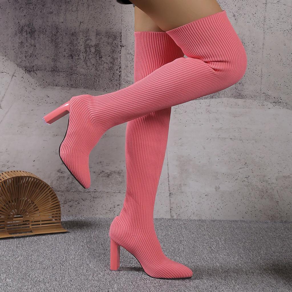 Comemore Women's Knited Sock Boots Autumn Winter Sexy Over-the-Knee Boots Pointed Toe Thick High Heels Long Botas Size 36-43