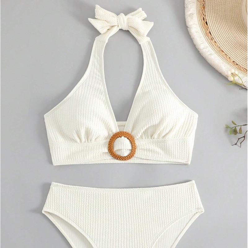 2025 New Swimwear A High-class Beige Open-slit V-neck Sexy Bikini