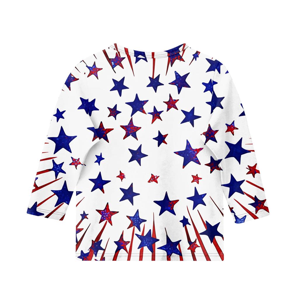 Print Tops For Youth Girls Round Neck 3/4 Sleeves T-Shirts Trendy Tops Outfit Tees Independence Day