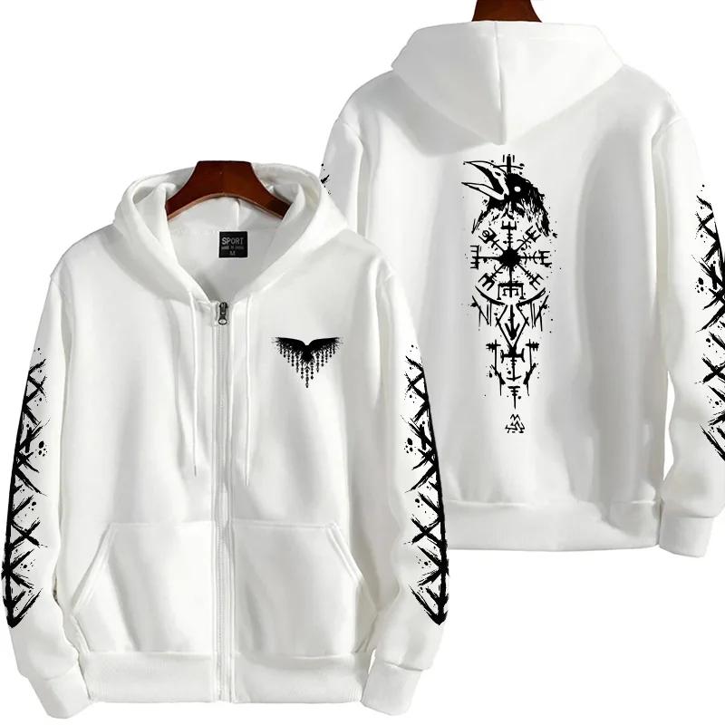 Starověké vikingské kabáty se vzorem havrana 2025 Nová móda Pánské mikiny na zip s kapucí Dlouhý rukáv Ležérní Zimní Podzimní Mikina Svrchní oděv Pánský