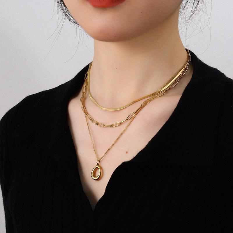 Women Layered Geometric Oval Pendant Stainless Steel Clavicle Necklace