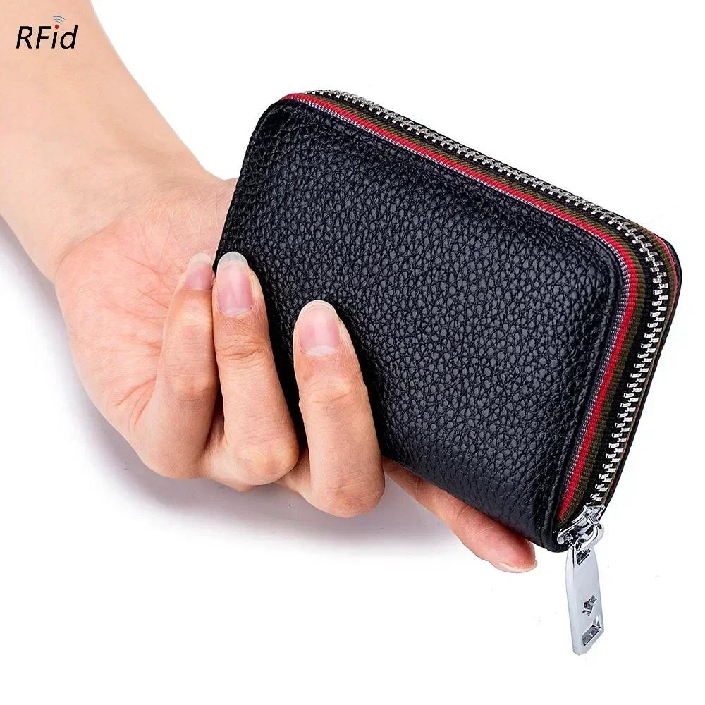 Vera Pelle Uomo Donna Porta Carte Piccolo Portafoglio con Cerniera Portamonete Solido Design a Fisarmonica Rfid ID Porta Biglietti da Visita e Carte di Credito