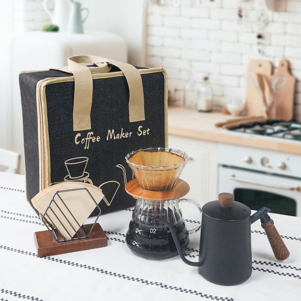 SOTECH Coffee Dripper Set Glass Coffee Pot with Shared Coffee Pot and Coffee Filter Bag Coffee Gift Set for Camping Filter - - (Includes Paper)