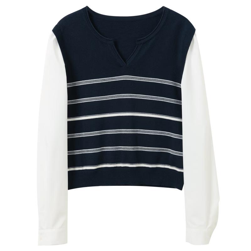 Women s Faux Two-Piece Striped Knit Pullover M