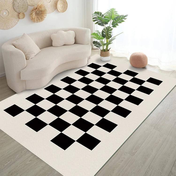 Black White Checkerboard Fluffy Rug Cream Style For Living Room Bedroom Girl Room Anti-Skid Mat