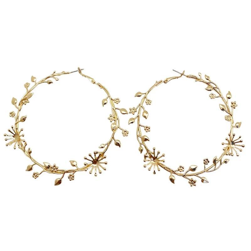Exaggerated Big Circle Gold Hoop Earrings for Women Fashion Leaf Flower Carved Dangle Earrings for Office Daily Wear Gift