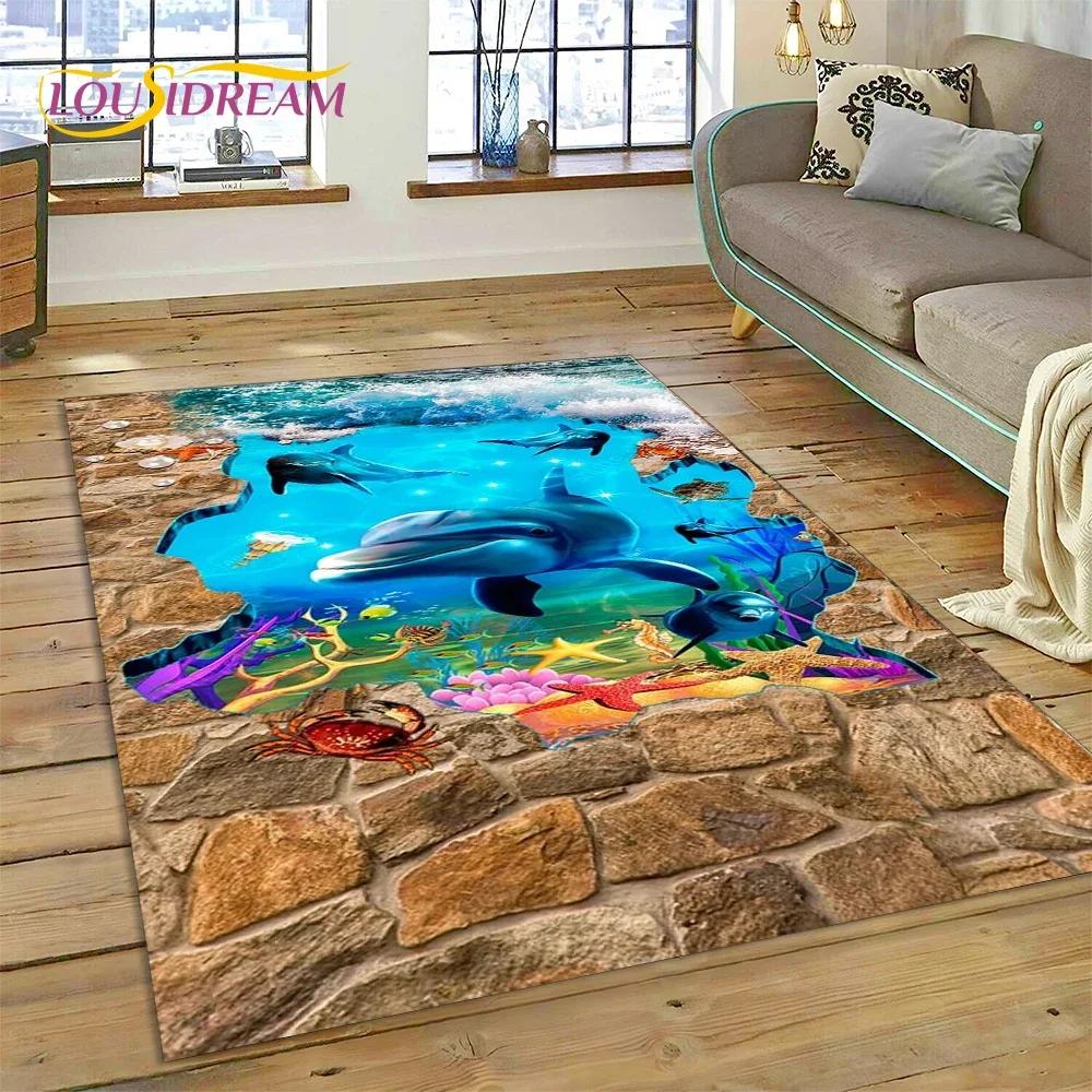 Tappeto Tappeto Decorazione Tappetino per Pavimento Decorazione Cartoon Mondo Sottomarino Illusion 3D Fondo Marino Squalo Delfino per Camera da Letto Soggiorno Divano, Decorazione Bambino