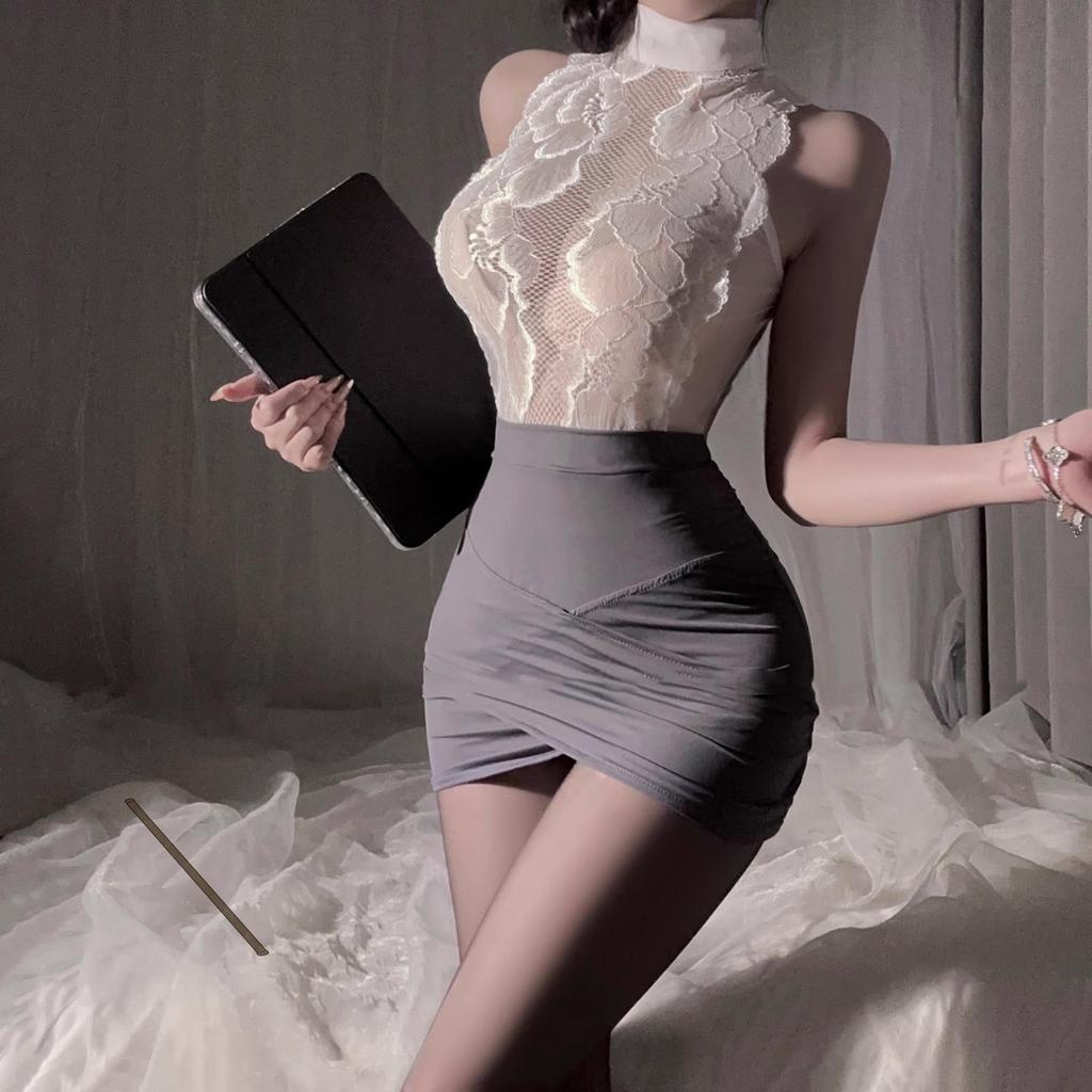 Red Desire Erotic Lace Nightgown Set: Women's Hip-Hugging Secretary Style 2696