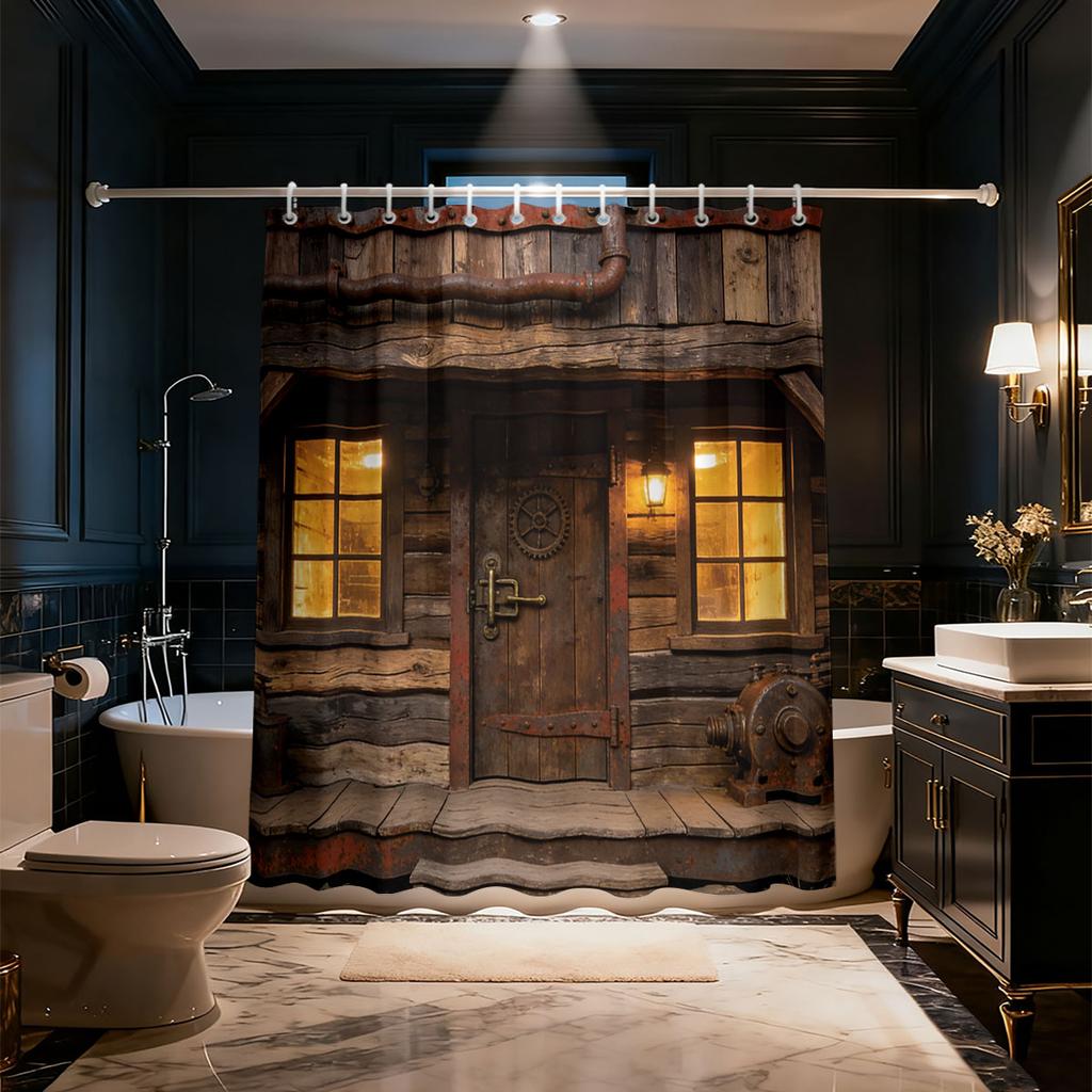 1Pc Imitation Retro Wooden Door Printing Waterproof Bathroom Partition Privacy Shower Curtain 12 Hooks, Multiple Sizes