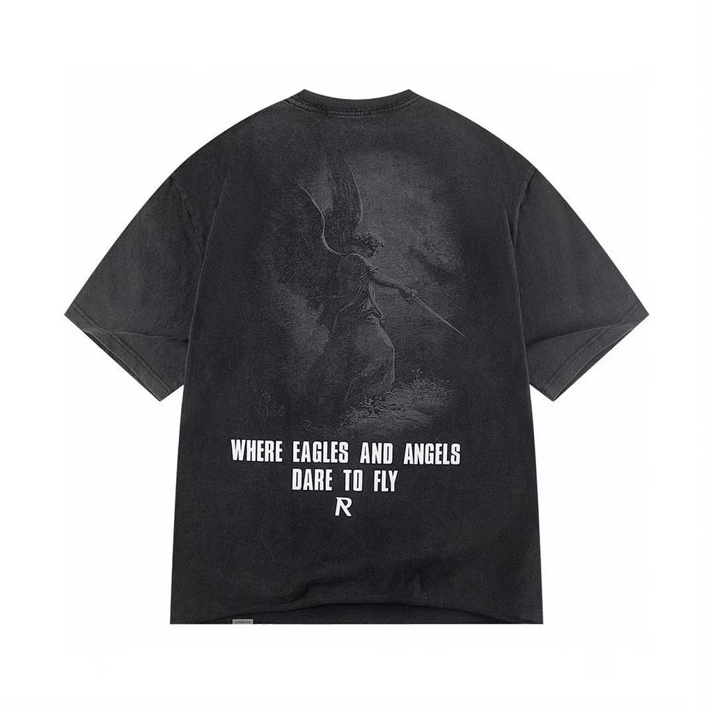 REPRESENT REP Letter Angel Print Vintage Washed Distressed Loose Short Sleeve T-Shirt for Men and Women