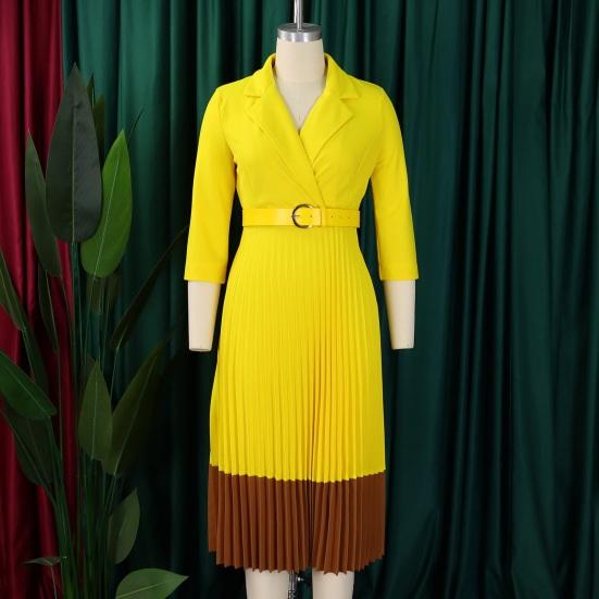 Women's Long Sleeve Blazer Dress V Neck Notched Lapel Pleated Swing Midi Dress Business Office Work Dress with Belt