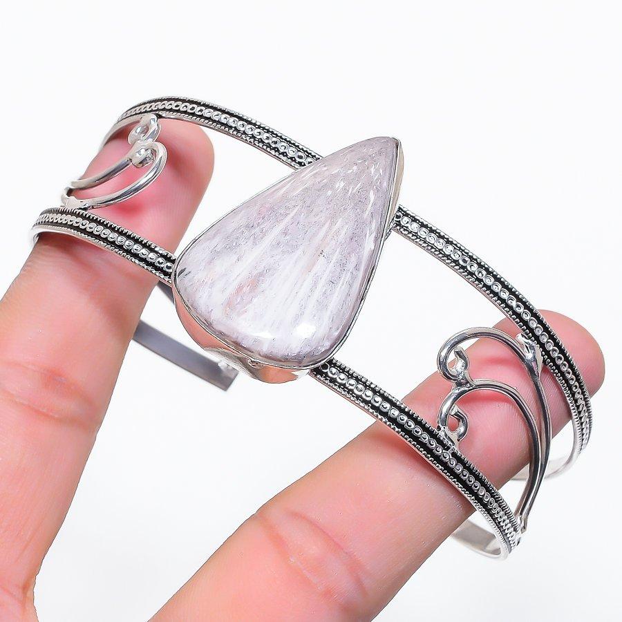 

Natural Scolecite Gemstone 925 Sterling Silver Cuff Bangle Adjustable g1c47