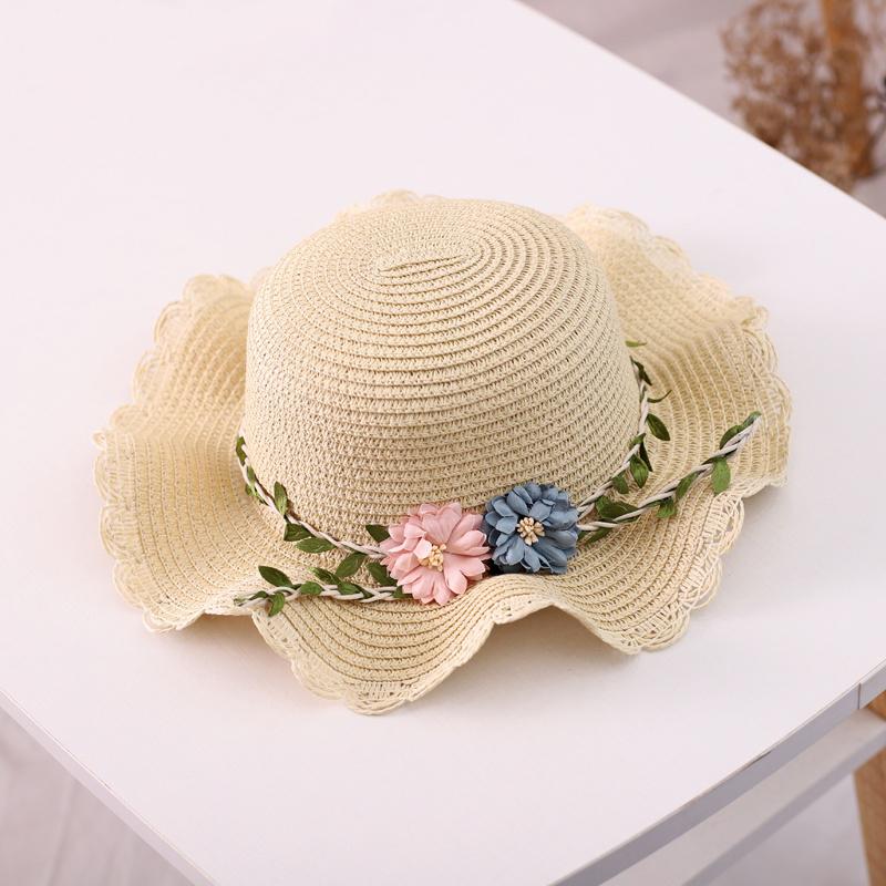 

Детская соломенная шляпа Детская шляпа от солнца Шляпа для девочки Цветочное украшение Панама Пляжные шляпы бежевый
