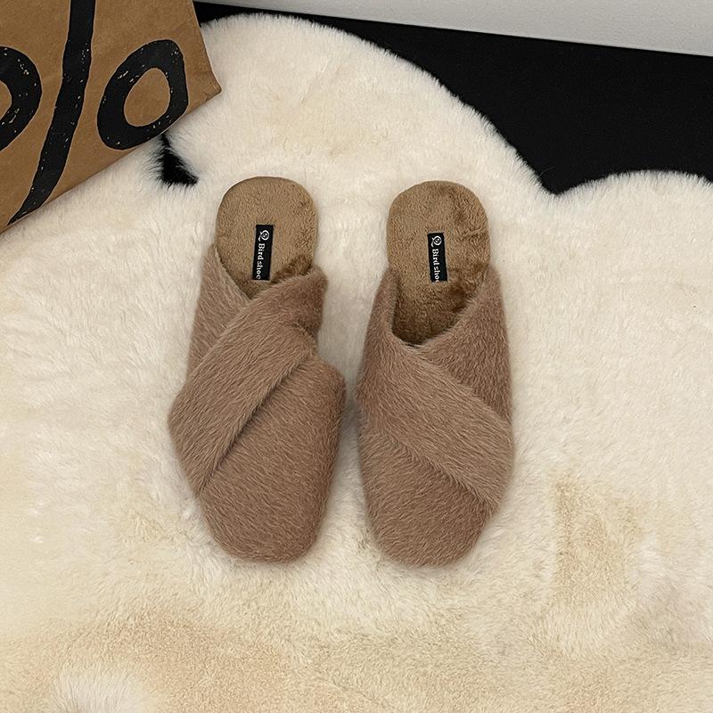 2025 autumn and winter new outer wear gentle fairy wind velvet bag head cotton slippers casual flat half slippers tide