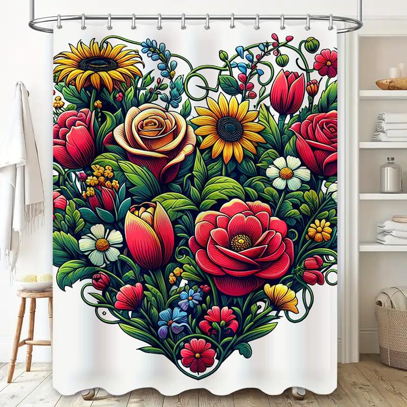 Elegant Floral Heart Design Shower Curtain - Waterproof, Mildew-Resistant, Machine Washable For Romantic Bathroom Decor