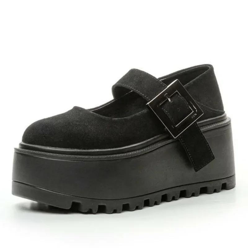 Fashion 8CM New Genuine Leather Designer Platform Wedge Round Toe Pumps Spring Summer Flats Hook Women Fashion Mary Jane Loafer Shoes