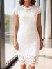 European & American Style Women's Lace Midi Dress - Round Neck, Short Sleeve, Elegant Temperament