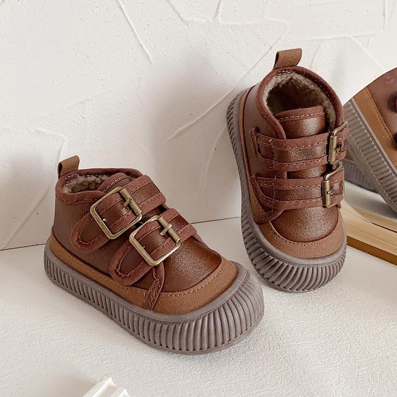 Winter Mid-cut Cotton Shoes for Children, Plus Velvet Soft-soled Casual Shoes for Boys and Girls, Velcro Cotton Shoes