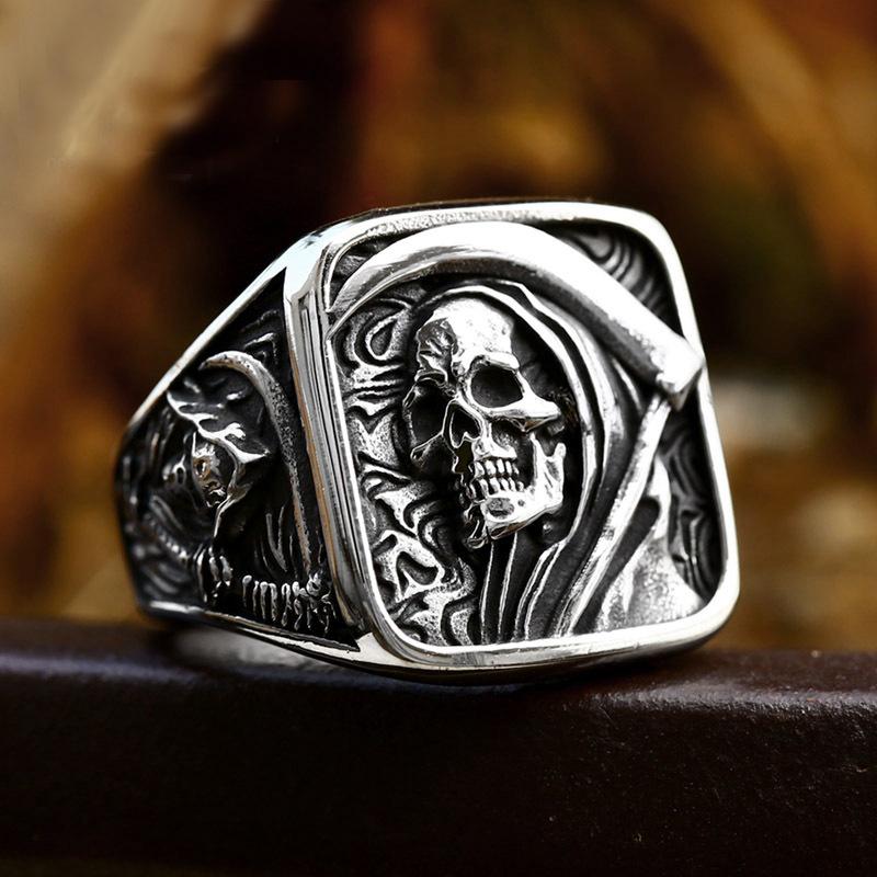 2025 Vintage Mens 316L Stainless Steel Rings for Men Death Sickle Domineering Skull Ring Men's Hip-hop Punk Party Jewelry Gift