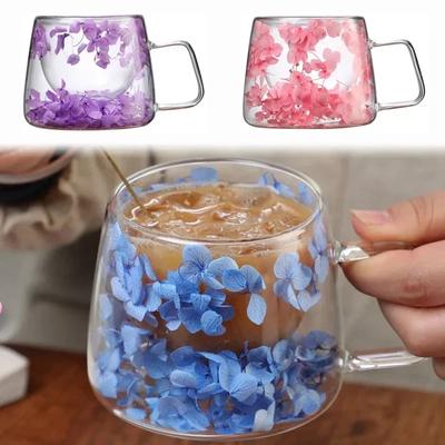För 200 ml dubbelväggig kaffemugg med handtag Transparenta blommor Klara mjölkkoppar Fyll konstgjord simulering Dricksglas Glas för