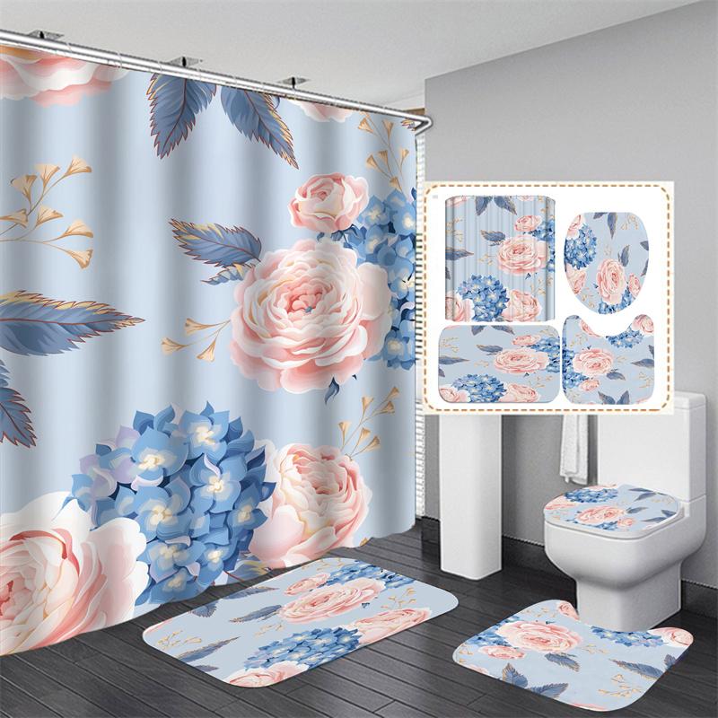 20 barev Rose Print 3D sprchový závěs s háčky Vodotěsný Koupelnový závěs Protiskluzová sada podložek do vany Toaletní koberečky Koberec Domácí dekorace
