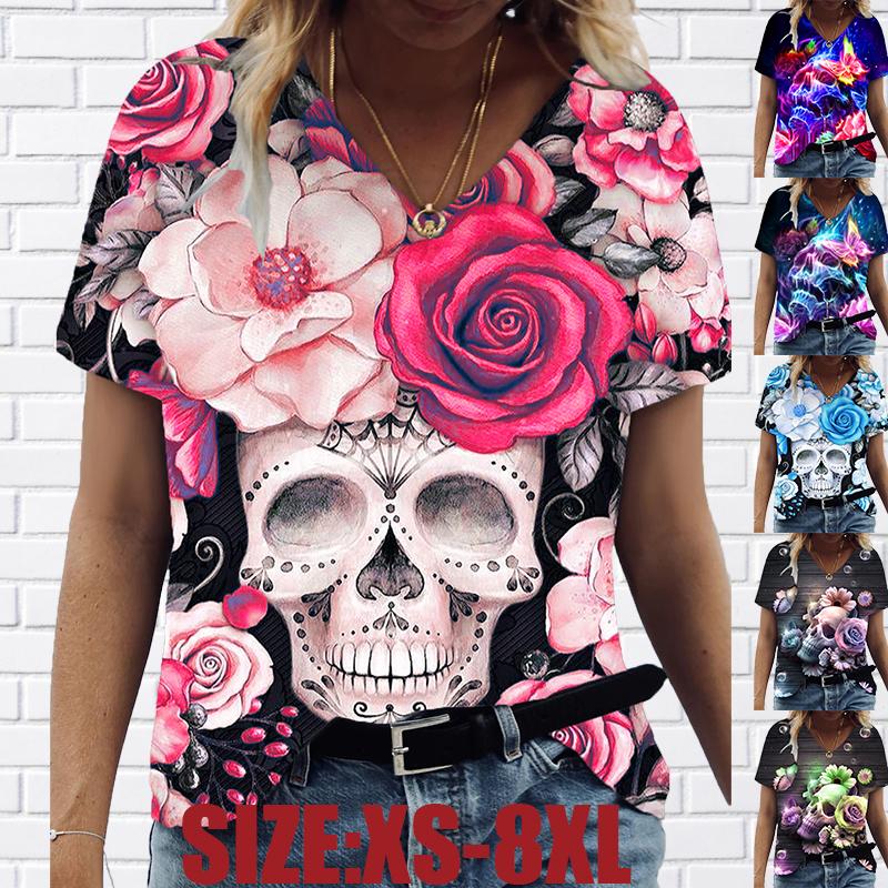 

Женские топы с v-образным вырезом и коротким рукавом, с принтом черепа и бабочки, свободная футболка, повседневная блузка для женщин