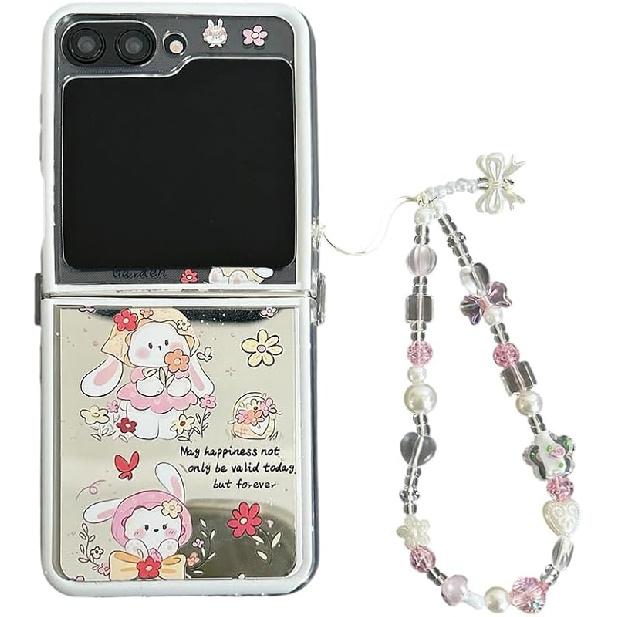 Kawaii Case for Samsung Galaxy Z Flip 6,Cute Cartoon Animal Pattern Design Mirror Phone Cover for Galaxy Z Flip 5 with Pearl Wrist Chain for Girly (Z Z Flip 5