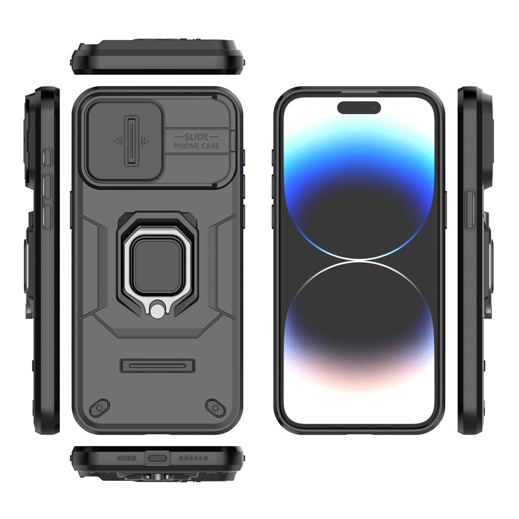For iPhone 15 Pro Kickstand Phone Case with Slide Lens Cover PC+TPU Shockproof Rugged Shell