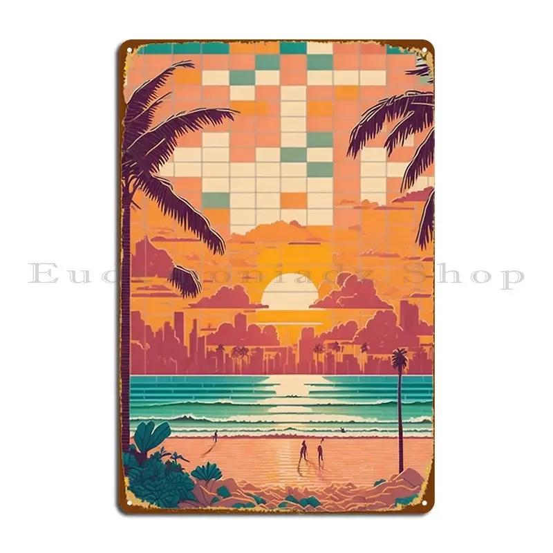 Retro Miami Beach Sunset Miami Sunset Vintage Art s Style Miami Beach Sunset Metal Sign Design Pub Printing Tin Sign Poster 20x30cm(7.8x11.8inch)