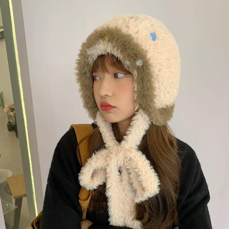 Can be used as a bag to keep warm in winter, ear protectors, plush hat, plush and thickened, cute hat women's knitting