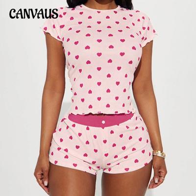 Women's Love Print Curled Edge Round Neck Waist Short Blouse Contrast Color Low Waist Slim Shorts Home Set