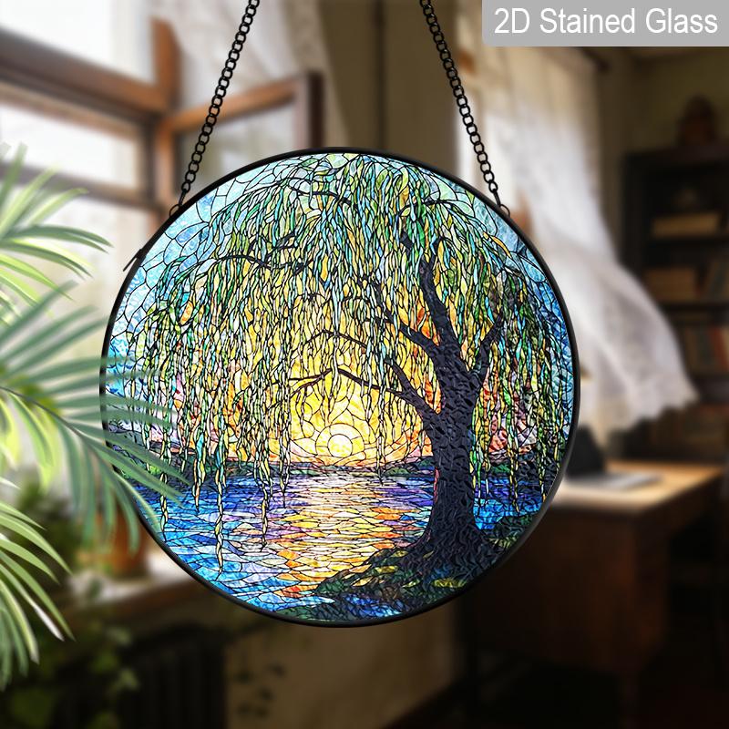 2D Flat Stained Glass Willow Tree Window Decoration Colored Glass Plate, 7.87inches Nature Tree Hanging Sun Catcher with Chain, Spring Summer Home