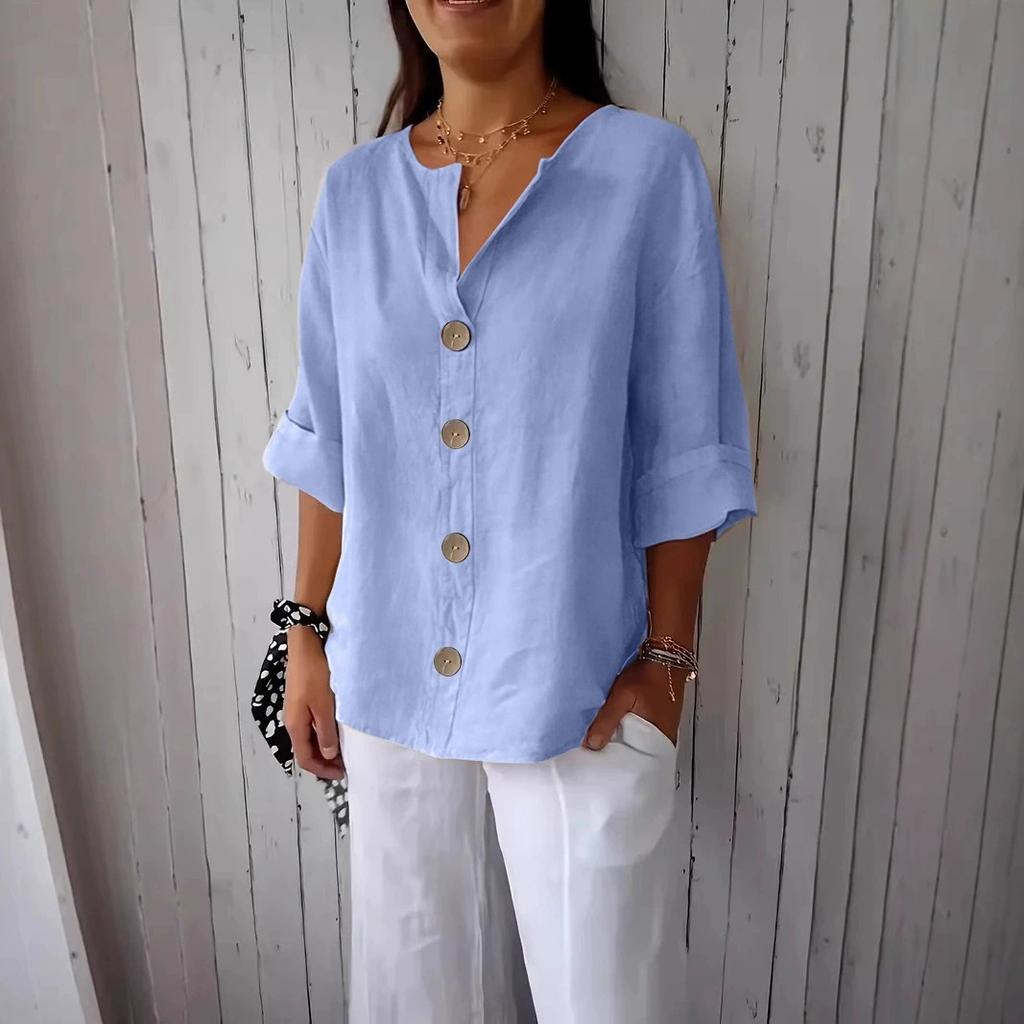 Summer Loose Shirt Women's V-Neck Cotton Linen Button Casual Shirts Solid Fashion Elegant Office Womens Clothing Blouse